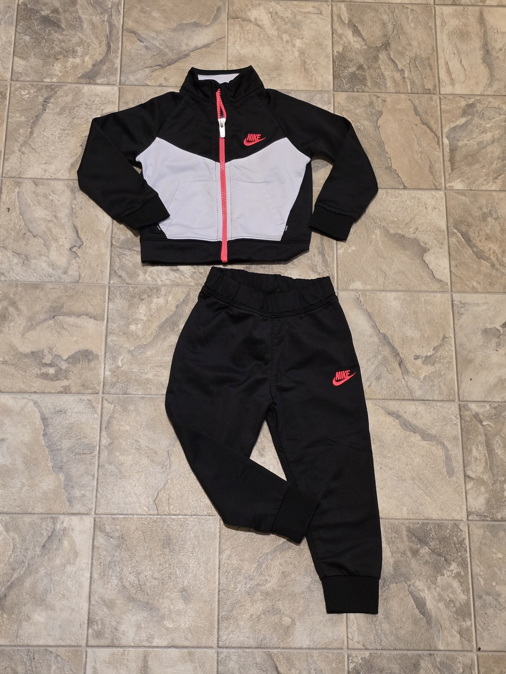 Nike Kids' Black & White Zip Jacket and Jogger Set with Pink Accents 18M